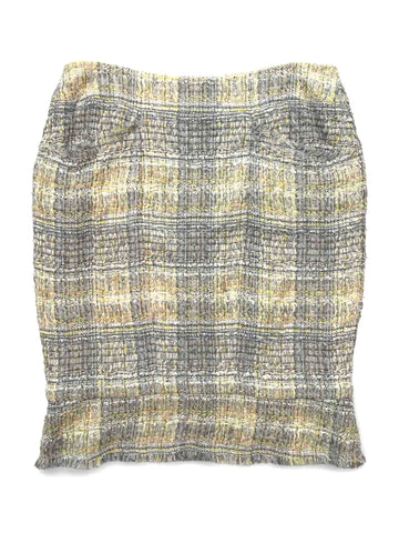 Chanel CC Logo Tweed Fringe Skirt Grey Yellow