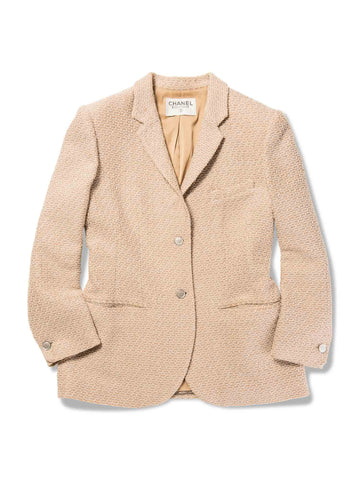 Chanel CC Logo Tweed Jacket Beige White Silver