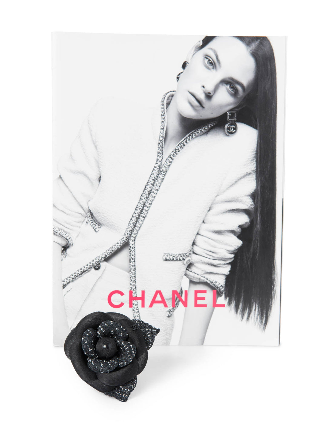 Chanel CC Logo Tweed Silk Camellia Brooch Black White