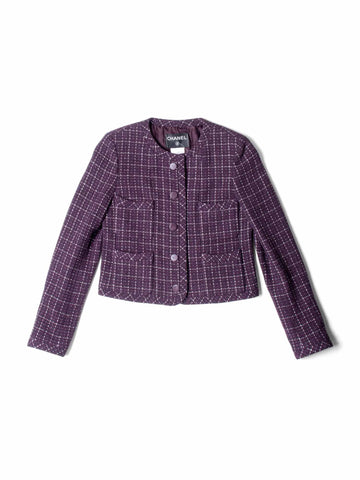 Chanel CC Logo Tweed Sparkly Fitted Jacket Burgundy