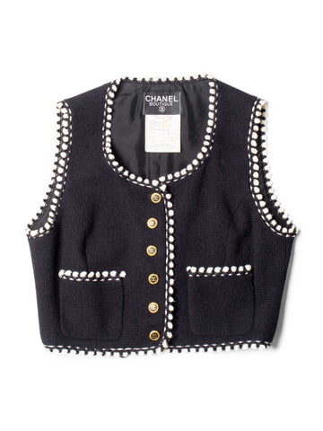 Chanel CC Logo Tweed Wool Fringe Vest Black White