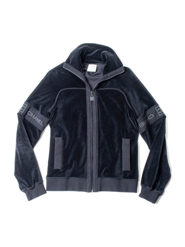 Chanel CC Logo Velvet Zip Up Sweatshirt Black