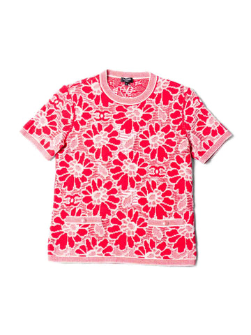 Chanel CC Logo Wool Cotton Floral Eyelet Embroidered Top Pink White