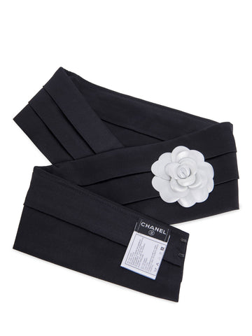 Chanel Camelia Pleated Satin Silk Belt Black