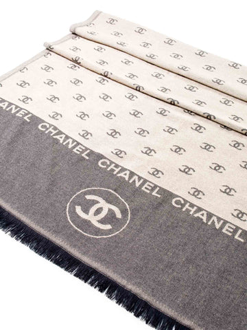 Chanel Cashmere CC Logo Fringe Shawl Brown