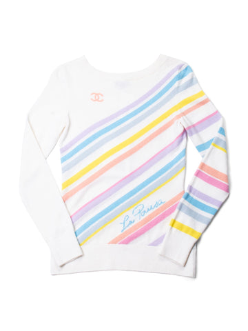 Chanel Cashmere CC Logo La Pausa Stripe Sweater Rainbow White