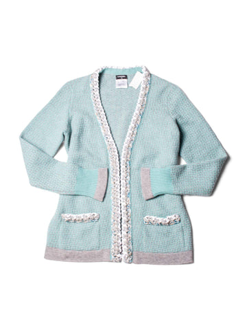 Chanel Cashmere Lurex Tweed Chain Cardigan Aqua Grey
