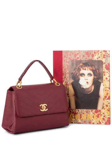 Chanel Chevron Caviar Leather Top Handle Flap Bag Burgundy