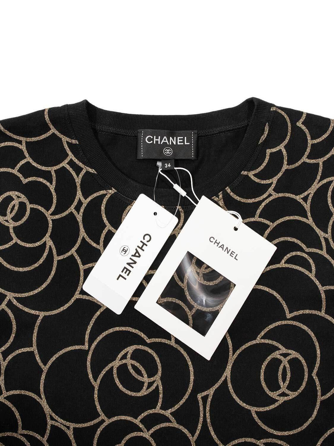 Chanel Cotton CC Logo Camellia Tee Shirt Gold Black