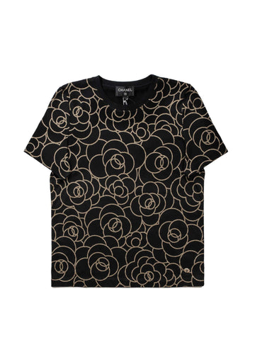 Chanel Cotton CC Logo Camellia Tee Shirt Gold Black