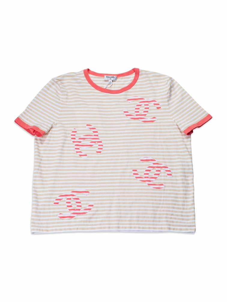 Chanel Cotton CC Logo Stripe Top Tan Pink EU 46
