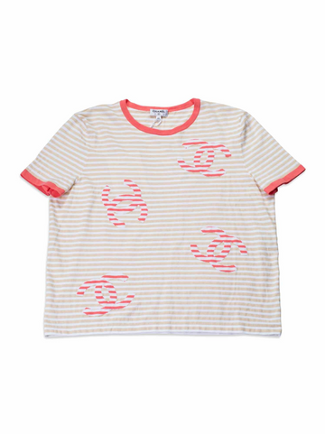 Chanel Cotton CC Logo Stripe Top Tan Pink EU