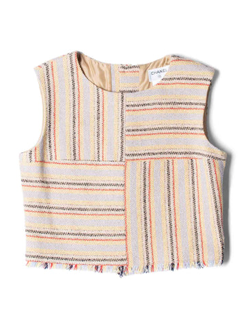 Chanel Cruise CC Logo Wooden Buttons Tweed Fringy Top Beige