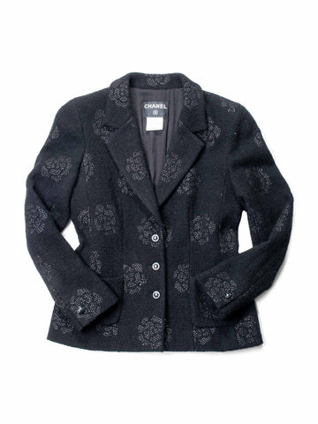 Chanel Fantasy Tweed Camellia Flower Embroidered Jacket Black