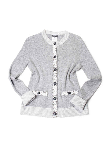 Chanel Knit CC Logo Fringe Sparkly Cardigan Grey