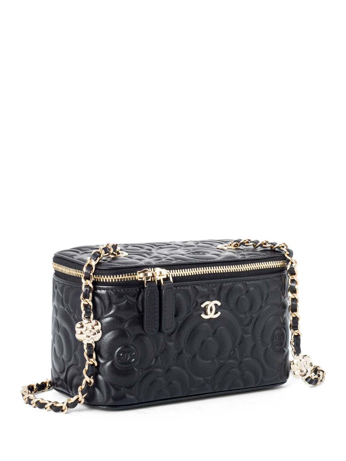 Chanel Lambskin Camellia Quilted Leather Mini Vanity Messenger Bag Black