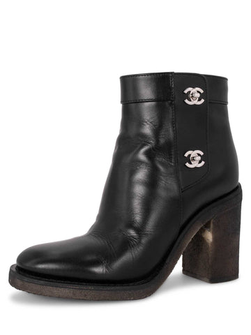Chanel Leather CC Logo Ankle Boots Black