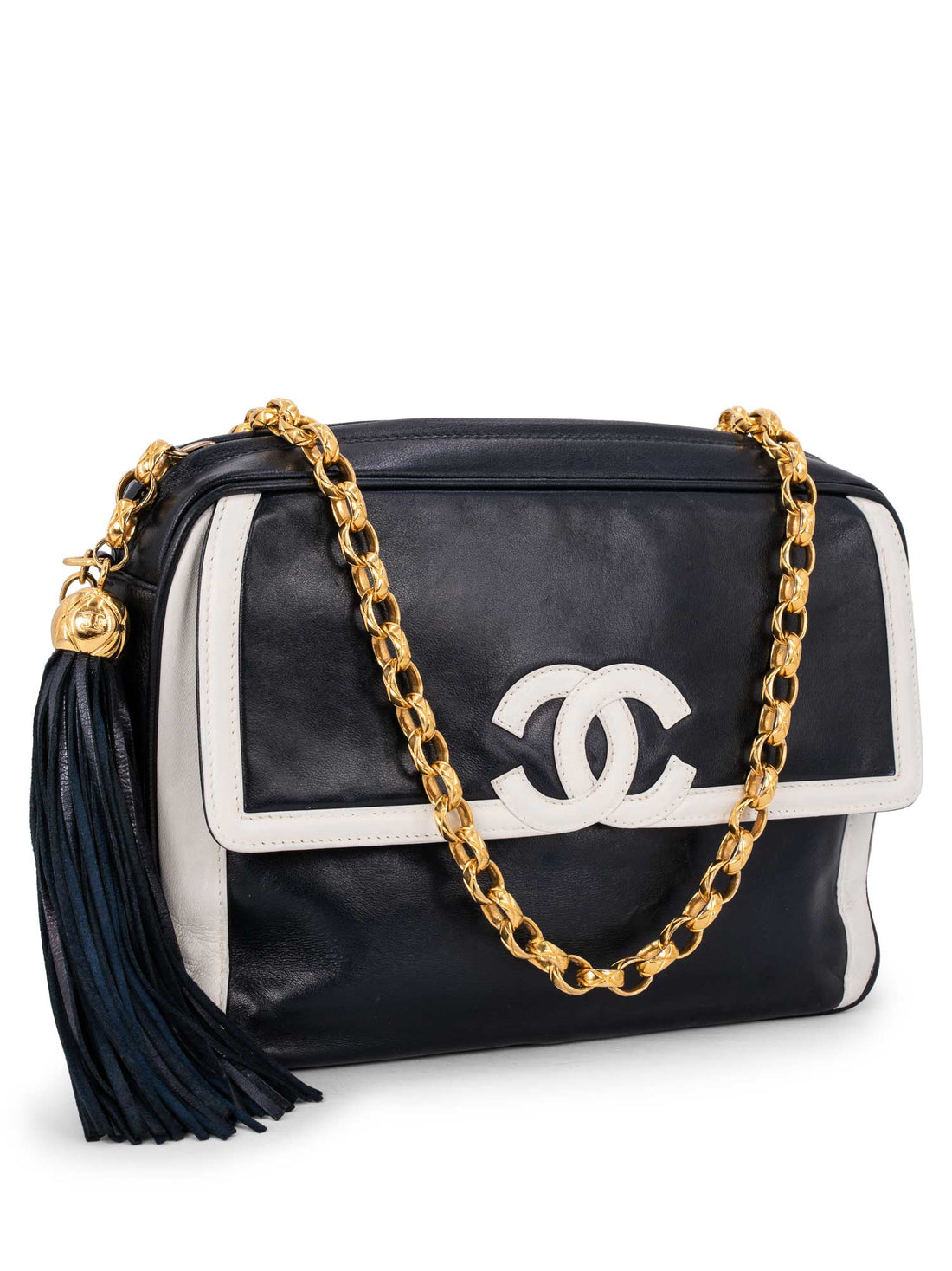 Chanel Leather CC Logo Tassel Camera Messenger Bag Blue White