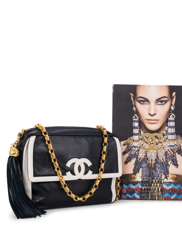 Chanel Leather CC Logo Tassel Camera Messenger Bag Blue White