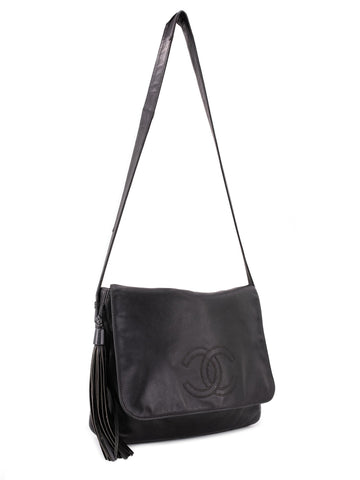 Chanel Leather CC Logo Tassel Flap Messenger Bag Black