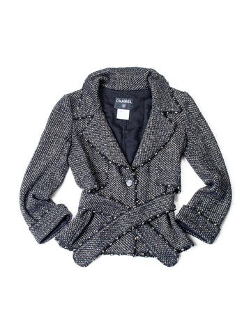 Chanel Lesage Tweed Fringe Fitted Belted Jacket Gold Black