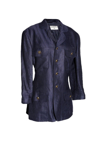Chanel Linen CC Logo Fitted Jacket Blue
