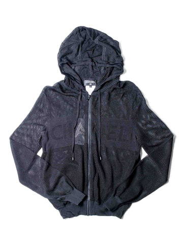 Chanel Logo Mesh Knit Zip Up Hoodie Sweater Black