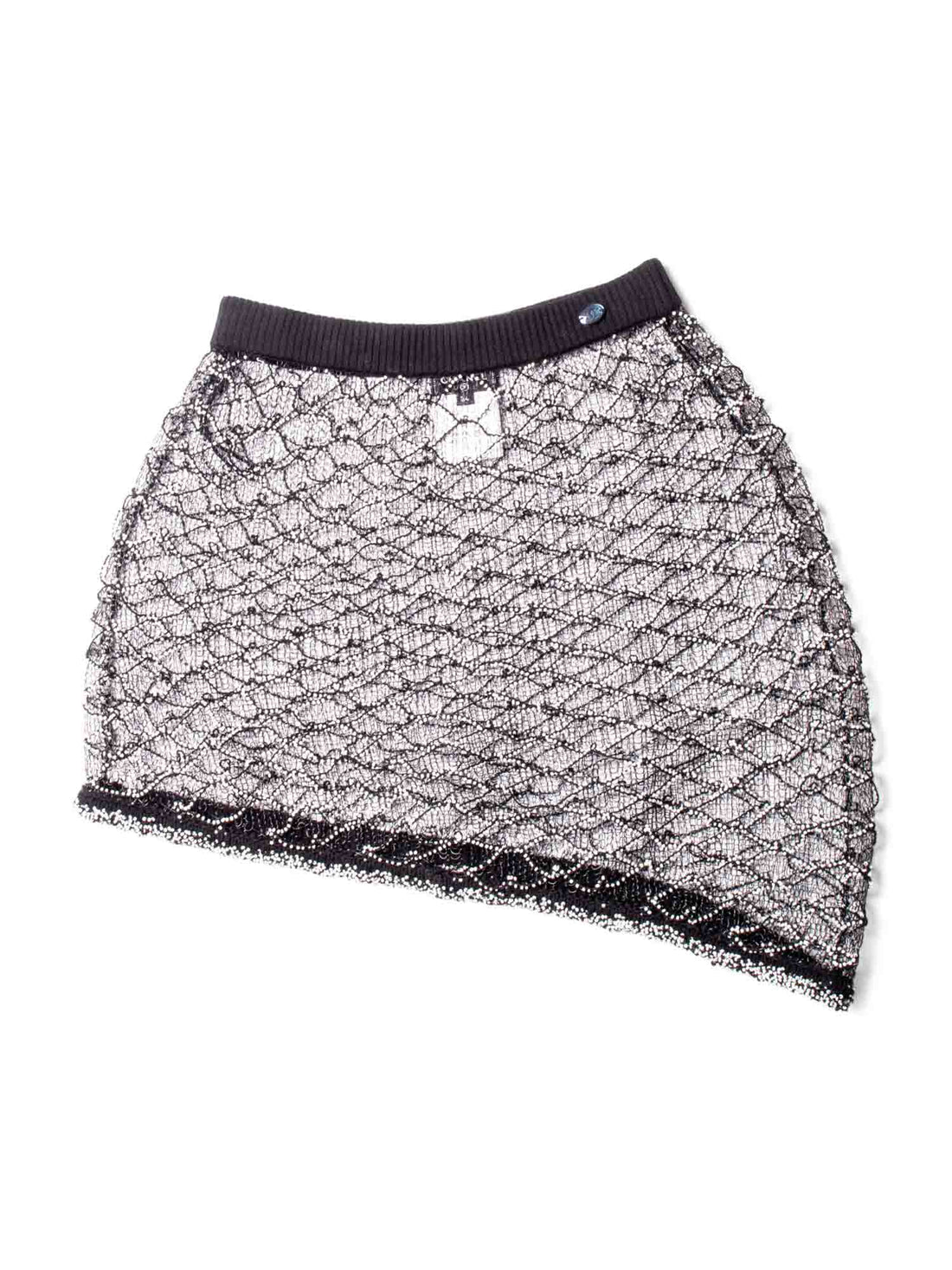 Chanel Logo Mini Asymmetric Mesh Beaded Skirt Black White