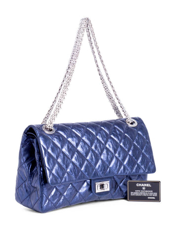 Chanel Metallic Aged Lambskin Leather . Maxi Double Flap Bag Blue