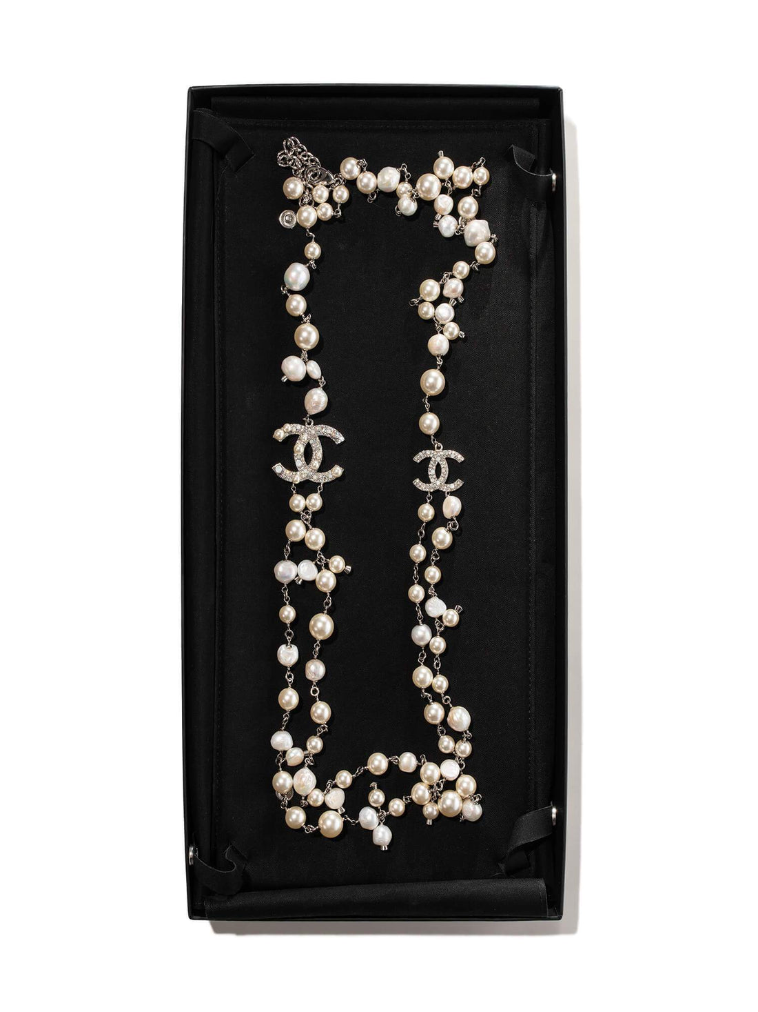 Chanel Pearl CC Logo Long Necklace Silver