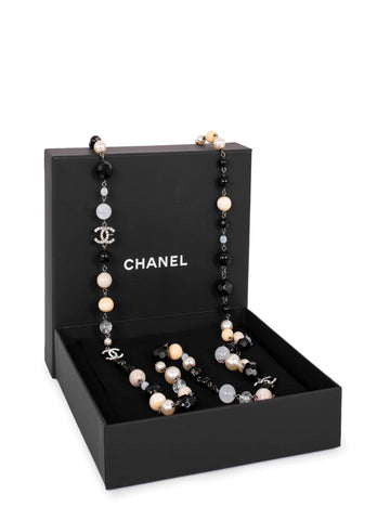 Chanel Pearl CC Logo Long Necklace Silver