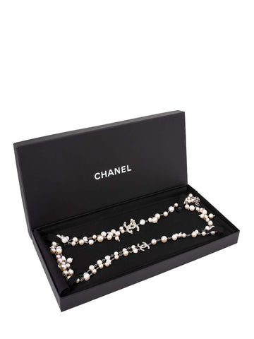 Chanel Pearl CC Logo Long Necklace Silver