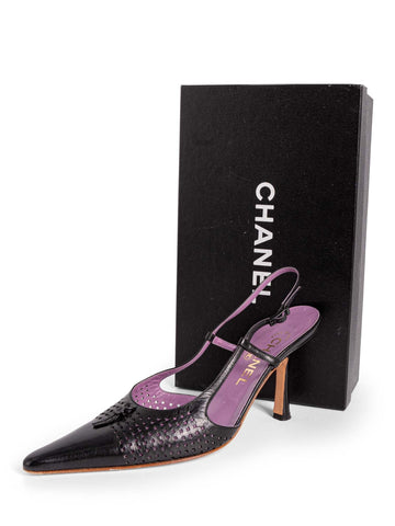 Chanel Perforated Leather CC Logo Sling Back Shoes Black