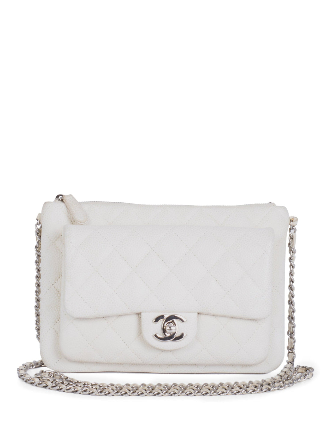 Chanel Quilted Caviar Leather CC Logo Flap Messenger Bag  White Silver
