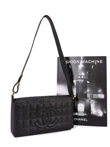 Chanel Quilted Leather CC Logo Chocolate Bar Flap Bag Black