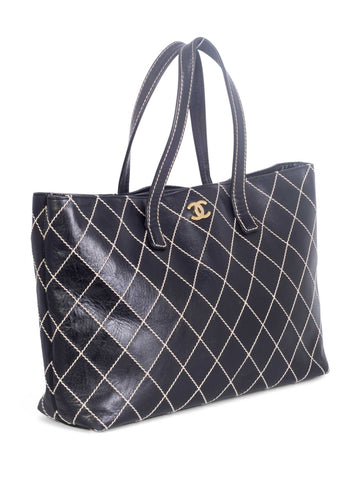 Chanel Quilted Leather CC Logo Wild Stitch Shopper Bag Black
