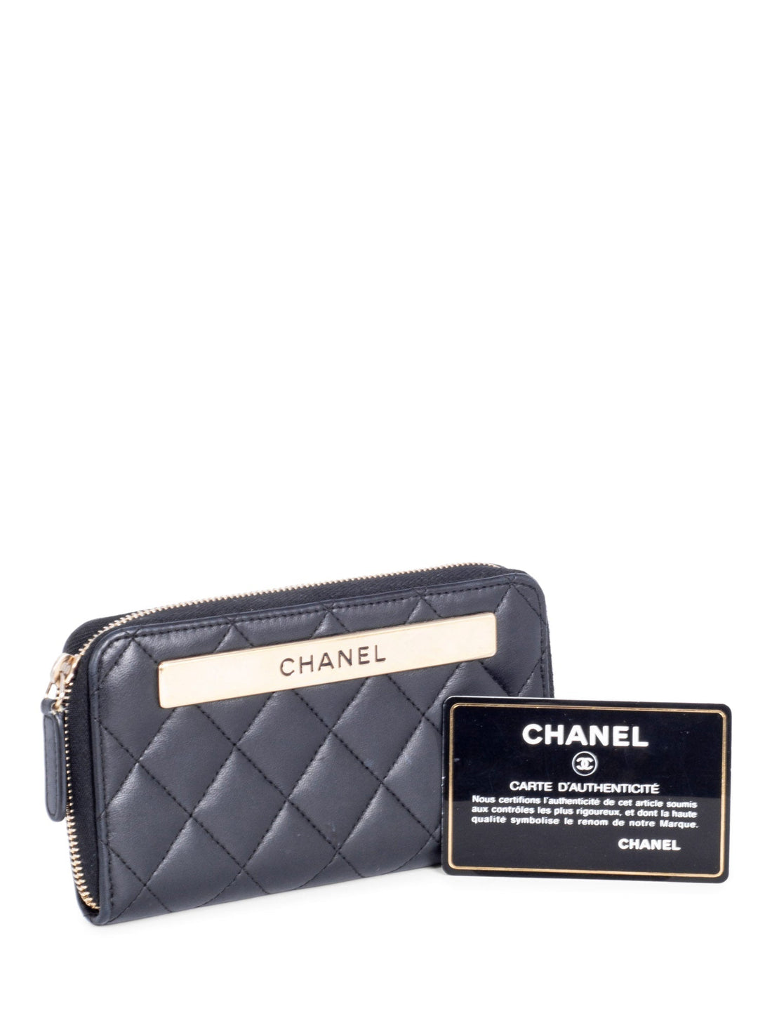 Chanel Quilted Leather Trendy Plate Zip Around Wallet Black