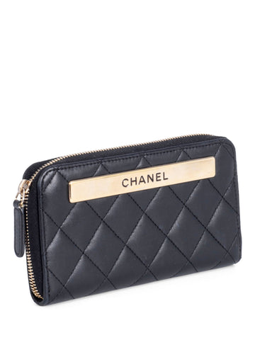 Chanel Quilted Leather Trendy Plate Zip Around Wallet Black