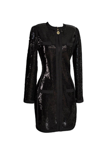 Chanel Shiny Sequin Long Sleeve Mini Dress Black