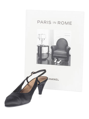 Chanel Silk CC Logo Cap Toe Sling Back Kitten Heels Black