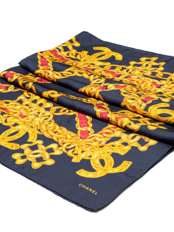 Chanel Silk CC Logo Chain Scarf Black Gold