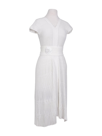 Chanel Silk Camellia Pleated Belted Knit Dress White