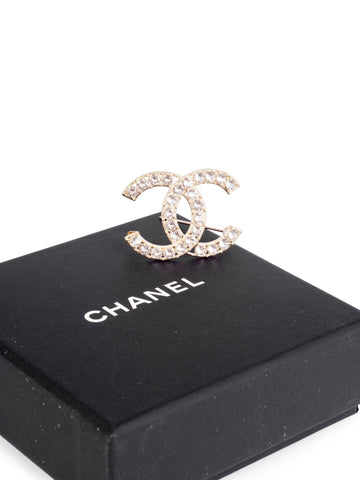 Chanel Swarovski Crystal CC Logo Brooch Pin Gold