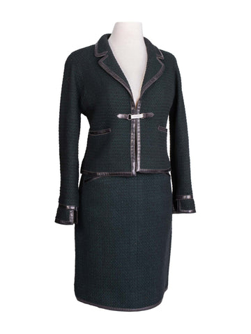 Chanel Tweed Leather Fitted Skirt Suit Set Green