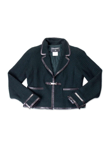 Chanel Tweed Leather Trim Fitted Jacket Green