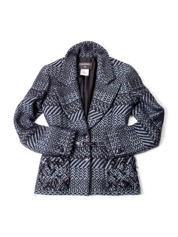 Chanel Wool CC Logo Embroidered Belted Jacket Grey Black