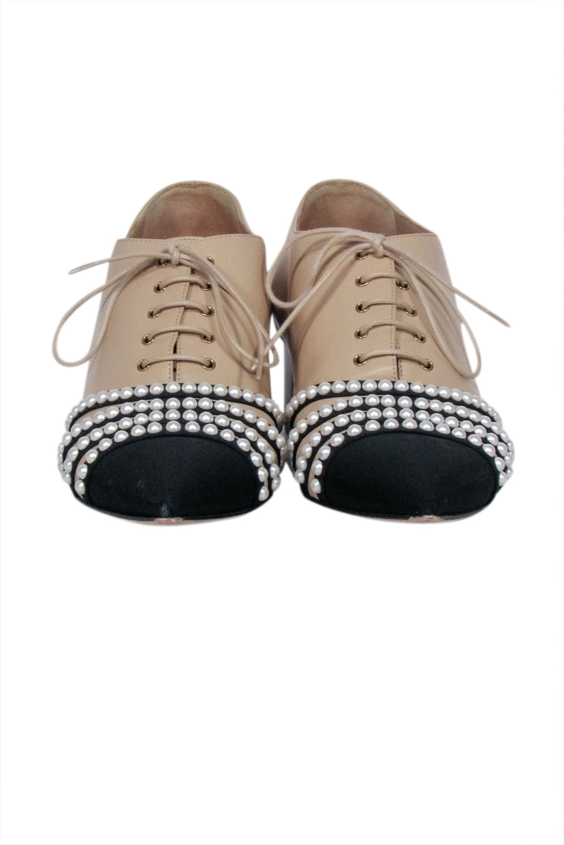 Chanel - Beige, Black, & Pearl Low Heel Loafers Sz 9