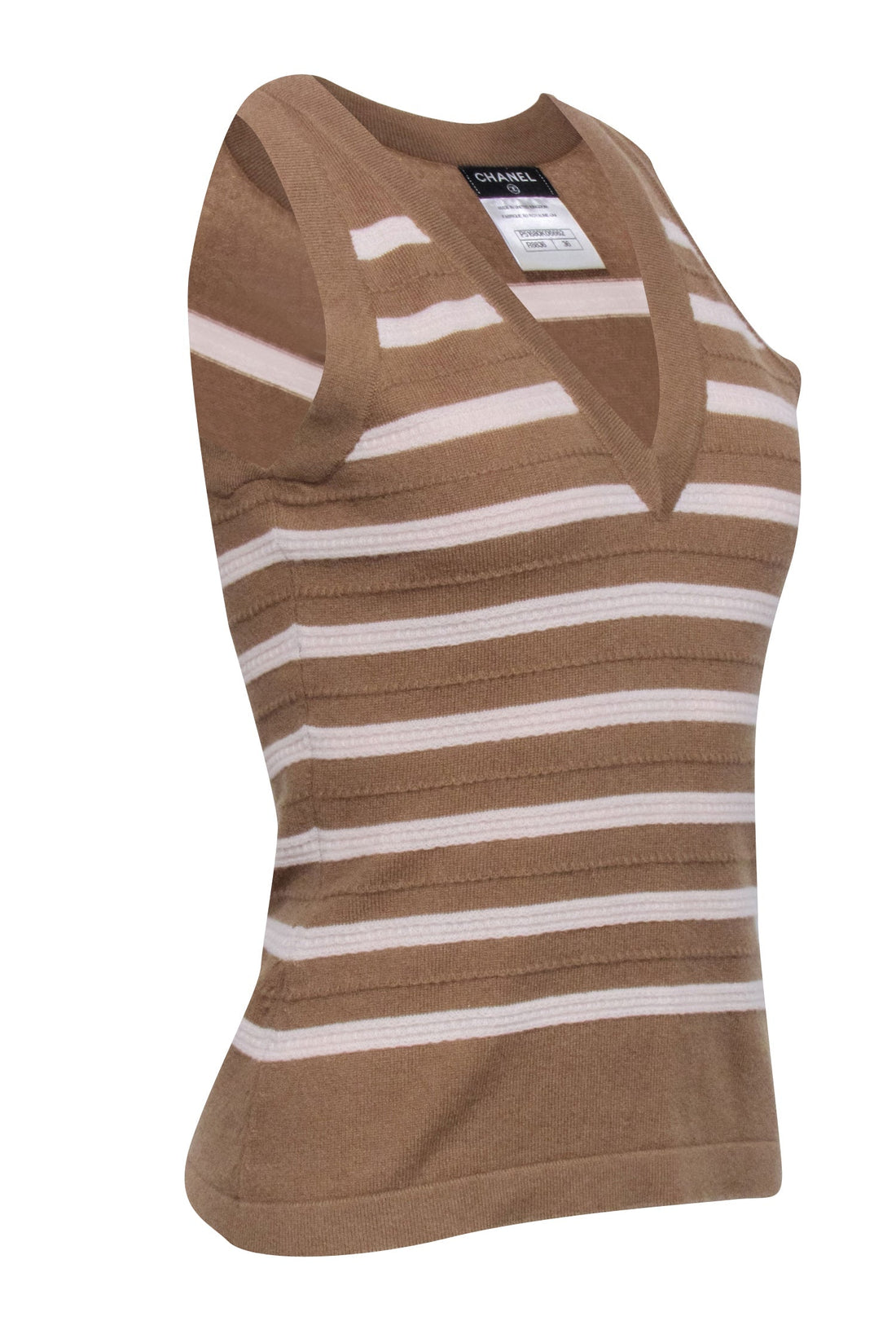 Chanel - Beige Cashmere Knitted Top w/ Cream Stripes Sz 36