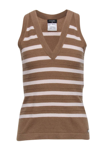 Chanel - Beige Cashmere Knitted Top w/ Cream Stripes Sz 36