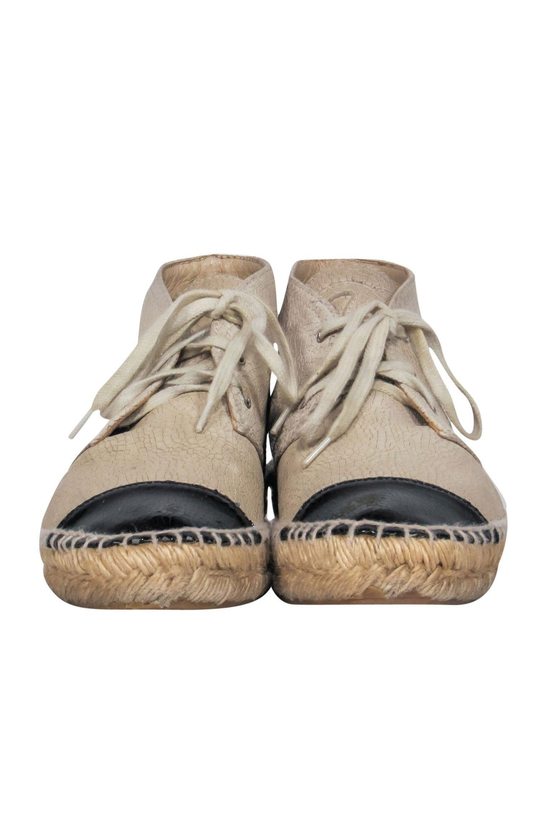 Chanel - Beige Crackled Leather Espadrille Sneakers w/ Toe Cap Sz 6.5